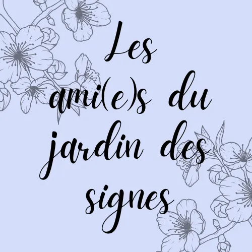 Logo de l'association Les ami(e)s du jardin des signes, avec des fleurs de cerisier dessinées sur fond bleu lavande